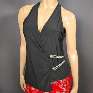 Vintage 90s Joseph Ribkoff Black sleeveless Top Big Silver Buckle US size 10